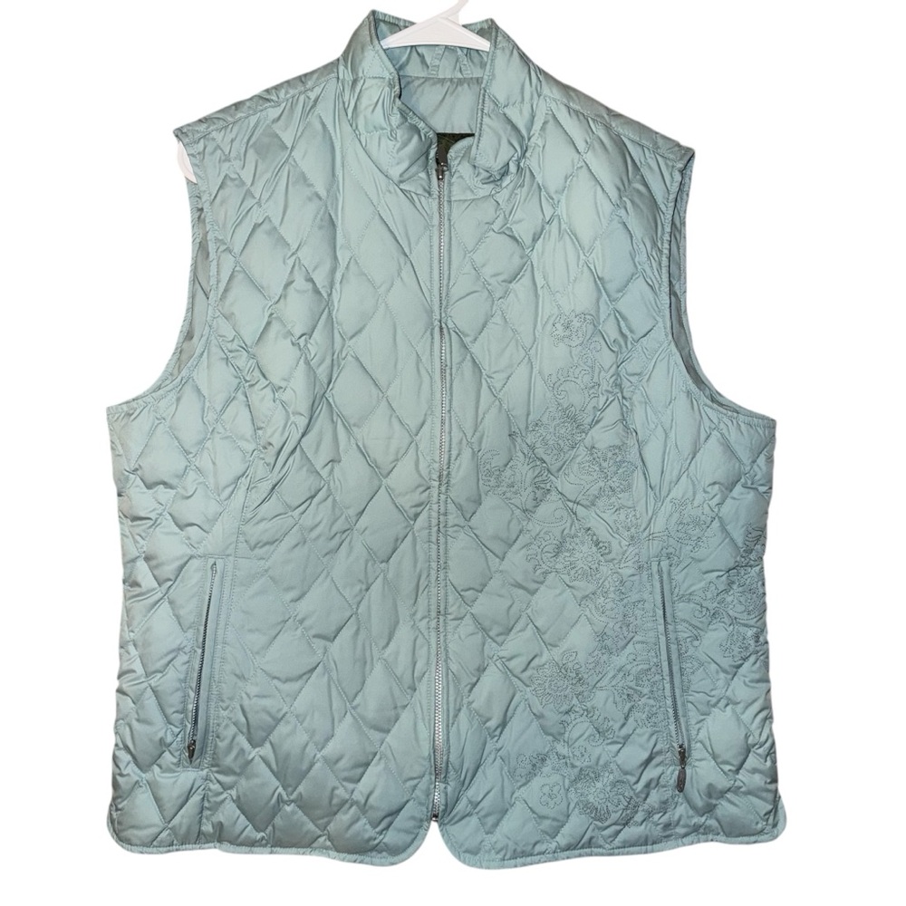 Eddie Bauer Women's sz XL Goose Down Vest with floral embroidery sea mist blue